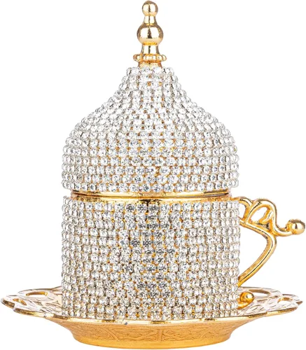 Miniatura 7 de Alisveristime Juego de café turco adornado con cristal, 27 piezas, tazas decorativas de Zamac para espresso, platillos y azucarero con bandeja