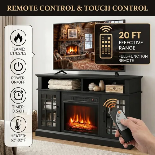 Miniatura 6 de SIMOE Soporte de TV Moderno de 48 Pulgadas con Chimenea Eléctrica, Consola de TV para TVs con Chimenea de 18 hasta 55 Pulgadas con 2 Estantes Negro