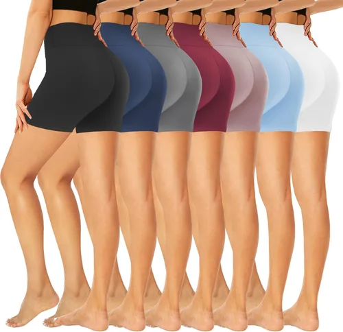 GROTEEN - Paquete de 7 pantalones cortos de cintura alta de 5"8" para mujer - Pantalones cortos de ciclista extra suaves negros para entrenamiento,