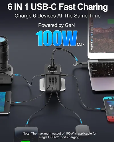 Miniatura 4 de Adaptador de viaje universal de 100 W, cargador rápido GaN en uno, 5 puertos USB y salida de CA de 2500 W, adaptador de corriente internacional