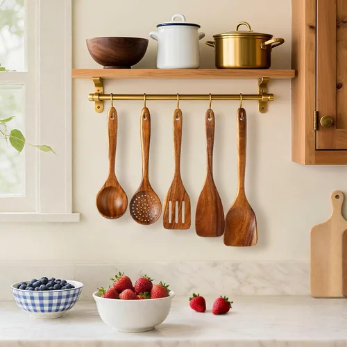 Miniatura 6 de Juego de 8 piezas de utensilios de cocina de madera de teca, cucharas y espátulas de madera natural para utensilios de cocina antiadherentes, juego