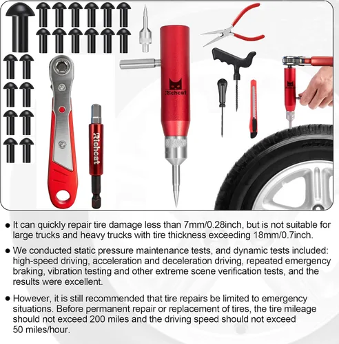 Miniatura 7 de Richcat Kit de reparación de pinchazos de neumáticos sin cámara con tapón de seta, repara pinchazos y neumáticos planos para motocicletas