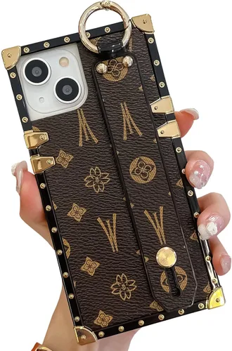 Miniatura 24 de Funda rectangular de cuero compatible con 11 con correa para muñeca, funda de diseñador de lujo para mujeres y niñas, funda protectora con soporte