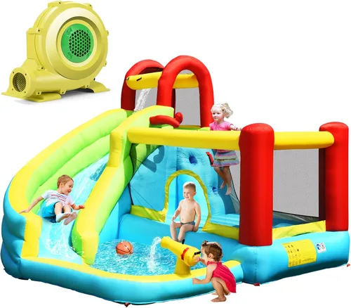 Miniatura 11 de KOTEK Tobogán acuático inflable, tobogán acuático inflable con castillo hinchable de salto, tobogán largo, pared de escalada y piscina de chapoteo