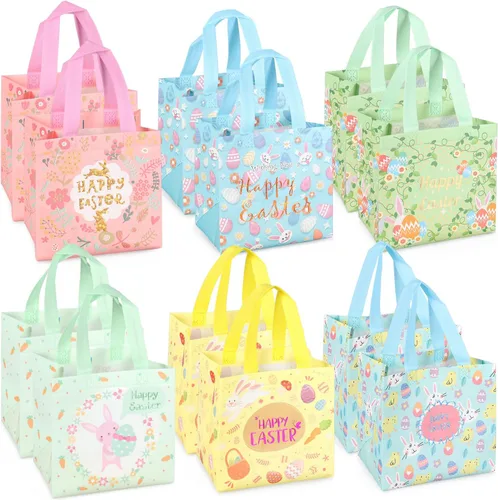 Miniatura 10 de PARSUP 8 bolsas de Pascua con diseño de conejo, zanahoria, huevos de gallina, bolsas no tejidas con asas para envolver regalos, caza de huevos