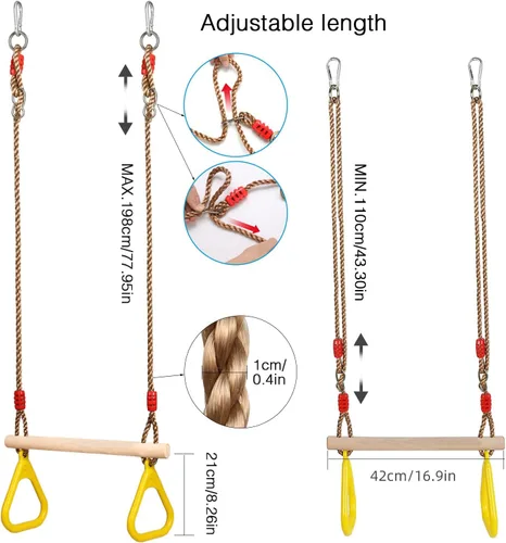 Miniatura 4 de PELLOR - Barra de trapecio de madera para juegos infantiles con anillos de gimnasio de plástico, juego de columpio para diversión en interiores