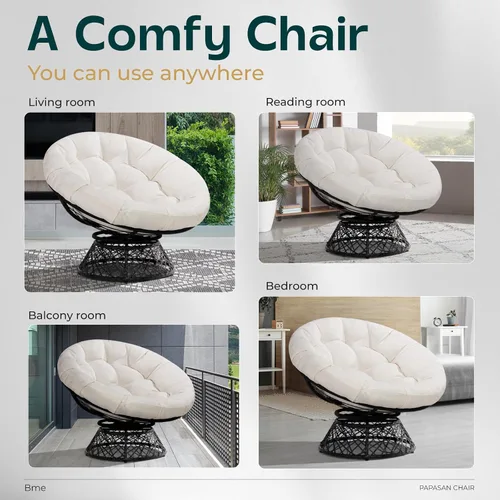 Miniatura 5 de Bme Silla Papasan ergonómica de mimbre de 40 pulgadas con cojín y marco suaves y gruesos, giro de 360°, círculo, lectura, silla cómoda para sala