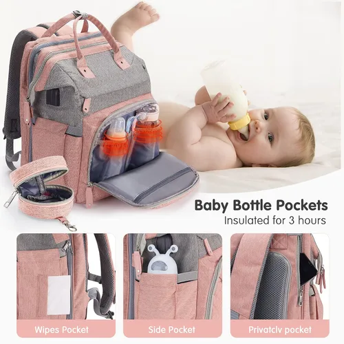 Miniatura 3 de DERJUNSTAR - Mochila para pañales con cambiador para bebés de gran capacidad para niños y niñas, puerto de carga USB, funda para chupetes, sombrilla