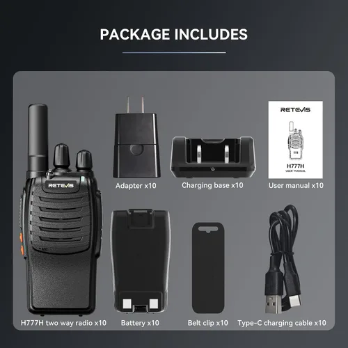 Miniatura 9 de Walkie Talkies Retevis H-777H, pantalla irrompible oculta, pantalla de canal, FRS portátil, linterna LED, carga USB-C, alarma de emergencia, manos