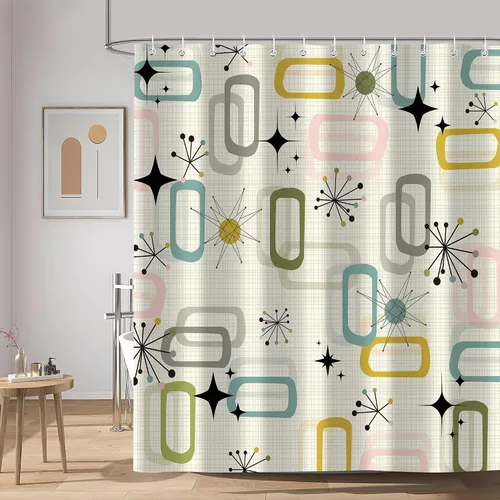 Miniatura 2 de Cortina de ducha de mediados de siglo, juego de cortinas de ducha bohemias y modernas a cuadros para decoración de baño, tela impermeable con 12