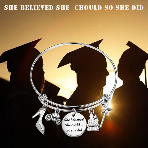 Miniatura 3 de PLITI Pulsera ajustable de acero inoxidable con texto en inglés "She Believed She Could So She Did", regalo para fanáticos de hadas