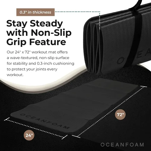 Miniatura 5 de Oceanfoam Tapete de entrenamiento de viaje, tapete de ejercicio plegable de 0.3 pulgadas de grosor para yoga, pilates y fitness, tapete Carbón