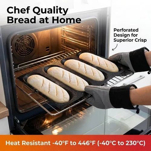Miniatura 4 de Dioycli Molde de pan de silicona para hornear pan grande de baguette sartén perforada para bollos de perritos calientes, 4 panes, alfombrilla