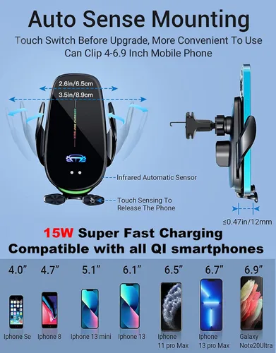 Miniatura 4 de Soporte inalámbrico para cargador de automóvil, carga rápida, sujeción automática de 15 W, soporte inteligente de inducción de control dual