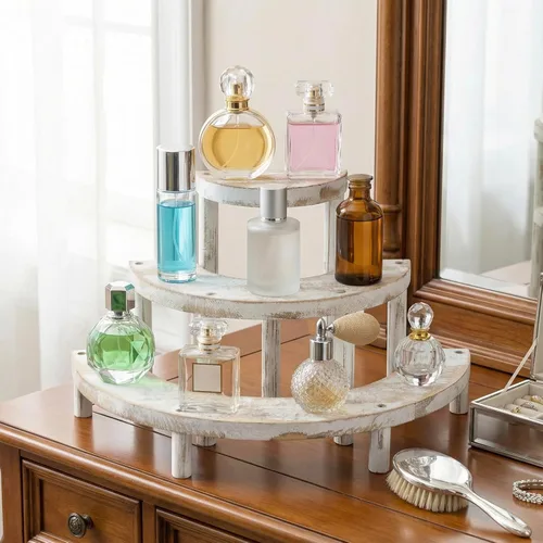 Miniatura 4 de MyGift Soporte elevador de madera de 3 niveles, soporte para cupcakes y organizador de perfumes, estante rústico de exhibición escalonado blanqueado