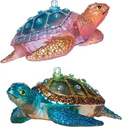 Juego de 2 adornos de tortuga marina, adornos de tortuga marina de vidrio soplado a mano para árbol de Navidad, adorno de Navidad de tortuga marina