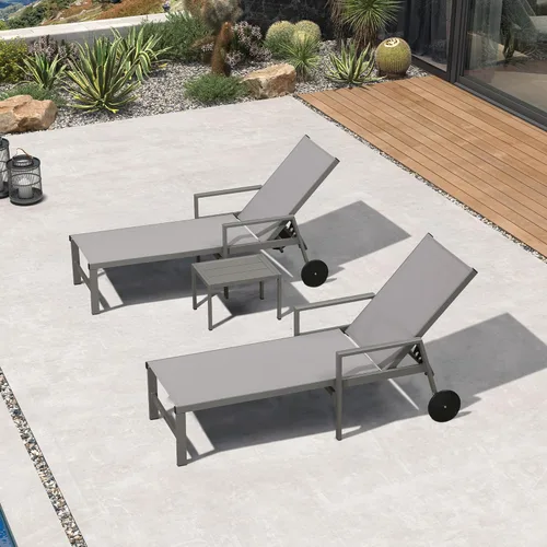 Miniatura 28 de PURPLE LEAF Juego de tumbonas para exteriores para 2 sillas de piscina de gran tamaño con ruedas fáciles de mover y respaldo ajustable, tumbonas