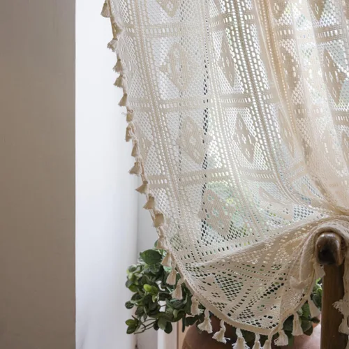 Miniatura 3 de Bringsine - Cortinas de crochet bohemias de algodón para sala de estar, cortinas de ventana para dormitorio con oscurecimiento, cortina