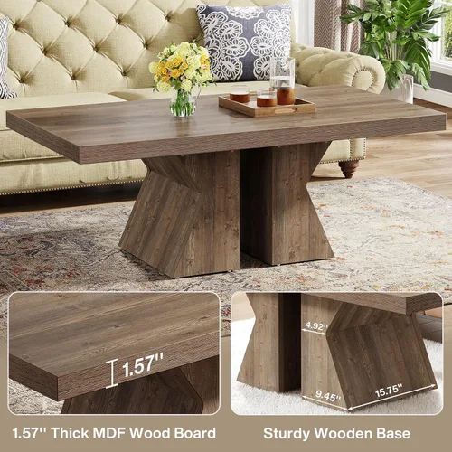 Miniatura 6 de Tribesigns Mesa de centro de madera, mesa central rectangular de 47 pulgadas con base de madera gruesa, mesa de cóctel con aspecto de madera