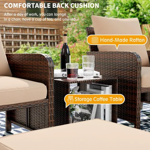 Miniatura 4 de UDPATIO Muebles de balcón - Silla de patio al aire libre con otomana para espacios pequeños, juego de muebles de patio de mimbre de 5 piezas