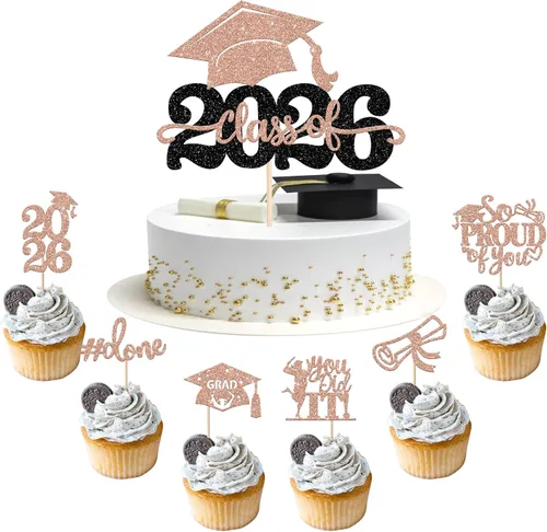 Miniatura 28 de Paquete de 24 adornos para cupcakes de clase 2025 con purpurina 2025 para diploma de graduación 2025 para cupcakes temáticos de graduación 2025
