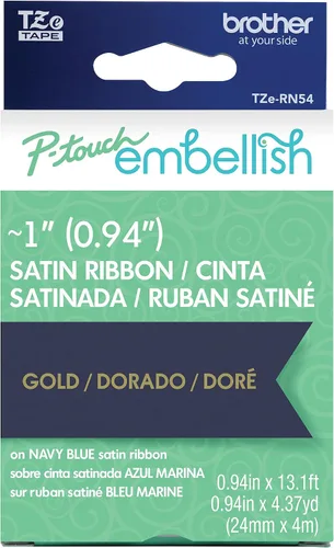 Brother P-Touch Embellish - Cinta de oro para imprimir sobre satén azul marino TZE-RN54 - ~1" Ancho x 13.1 pies de largo (24mm x 4m/4.37 yardas),