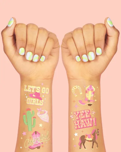 Miniatura 3 de xo, Fetti Tatuajes temporales de vaquera – 50 estilos de lámina dorada Decoraciones de fiesta de cumpleaños, accesorio de vaquera Giddy Up