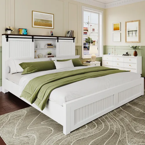 Miniatura 12 de Base de cama tamaño Queen con almacenamiento, puerta corrediza de granero, cama de plataforma de madera de granja con luz de lectura y estación