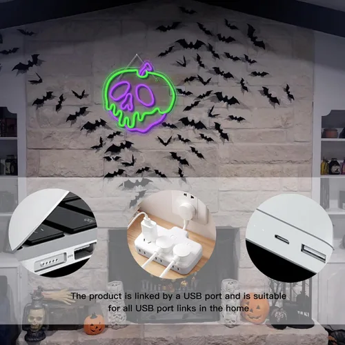 Miniatura 6 de WLHOPE Letrero de neón de Halloween regulable con calavera, manzana, para decoración de pared, luces LED de Halloween, conectividad USB, luces LED