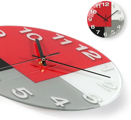 Miniatura 9 de WISKALON Reloj de pared abstracto de cristal geométrico de 12 pulgadas en blanco, gris, rojo y negro, funciona con pilas, reloj de cuarzo silencioso