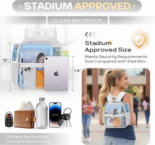 Miniatura 3 de Mochila transparente Oraben para eventos de estadio, mochila transparente para estadio 12x6x12, Blanco, Pequeño