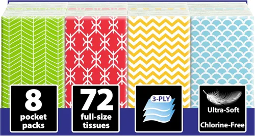 Paquetes de pañuelos de viaje – 8 paquetes compactos de 3 capas (72 en total), pañuelos faciales suaves sin cloro para bolso, coche o escuela, suave