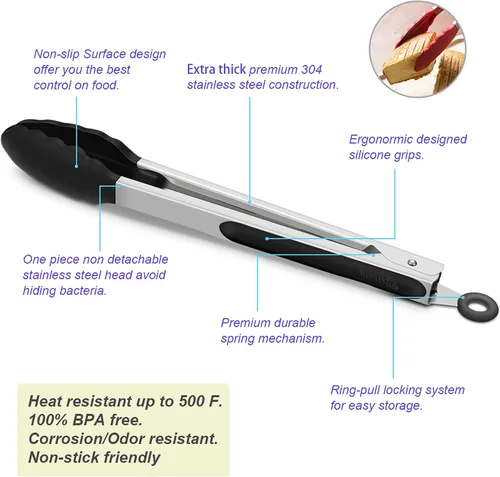Miniatura 4 de Paquete de 4 pinzas de cocina negras, de silicona de alta calidad, sin BPA, antiadherentes, acero inoxidable, para barbacoa, para cocinar, asar a