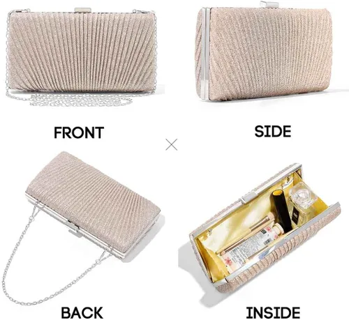 Miniatura 3 de Yokawe Bolso de noche para mujer, con purpurina dorada, plisado, para novia, boda, fiesta, baile de graduación