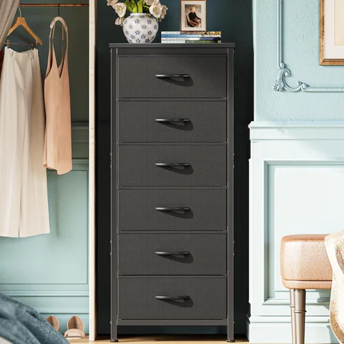 Huuger Cómoda alta para dormitorio, cómoda estable de 7 cajones con dispositivo antipunta, cajones de piel sintética y tela, mesita de noche alta