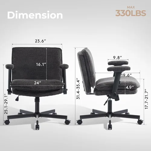 Miniatura 2 de Silla Cruzada con Brazos Abatibles y Ruedas con Bloqueo, Silla de Escritorio de Oficina de Tela de Felpa con Patas Cruzadas, Silla Giratoria de Negro