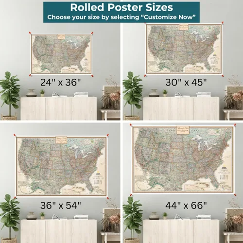 Miniatura 3 de Póster de lienzo enrollado personalizado con mapa de EE.UU. como arte de pared con chinchetas – Mapa ejecutivo grande de 24" x 36" de EE.UU.