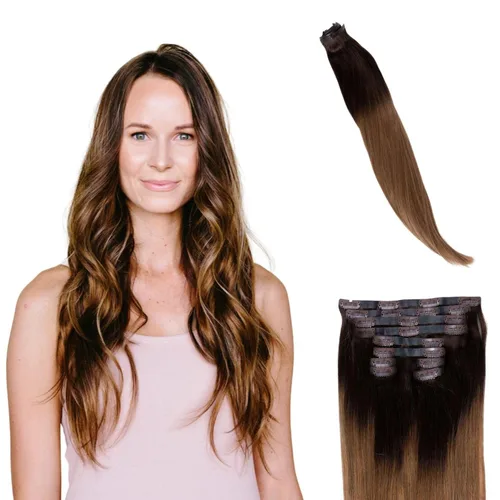 Miniatura 12 de BFB Hair Extensiones de cabello con pinzas para mujer, extensiones de cabello humano real, color castaño y rubio degradado bañado en miel, 21 Miel