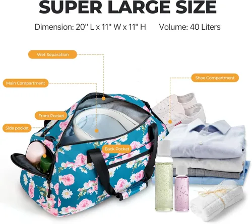 Miniatura 5 de Bolsa de gimnasio grande para mujer con compartimento para zapatos, bolsa deportiva de 40 litros para hombres con bolsillo húmedo, bolsa de lona