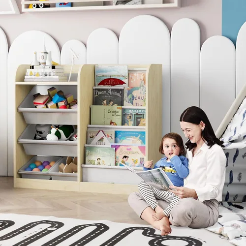 Miniatura 8 de Estantería de madera natural para niños, caja de almacenamiento de juguetes, estante organizador con 4 contenedores de plástico extraíbles