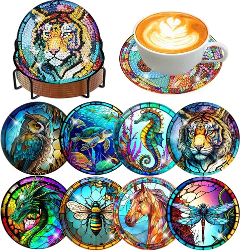 Meothan Juego de 8 posavasos de arte de diamante para adultos con soporte, almohadillas de corcho, posavasos de arte de puntos de diamante de vidrio