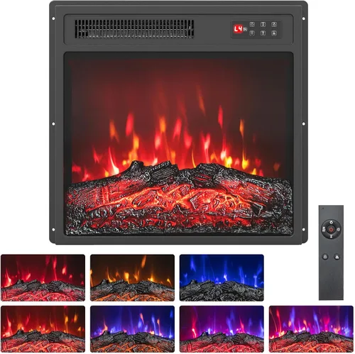 Tangkula Calentador eléctrico de chimenea de 18 pulgadas, inserto de chimenea empotrado con llama regulable de 7 colores, calefacción de 750 W/1500