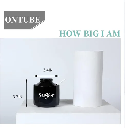 Miniatura 3 de ONTUBE Azucarero de cerámica con tapa y cuchara, tarro de azúcar de porcelana, 8oz (Negro)