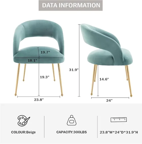 Miniatura 3 de Juego de 2 sillas de comedor modernas, tapizadas de terciopelo con patas doradas y respaldo hueco, reposabrazos copetudos para sala de estar, Verde