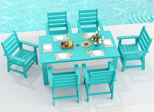 Miniatura 19 de GREENVINES Juego de comedor al aire libre de 7 piezas Juegos de mesa y sillas de plástico HDPE de 67 pulgadas para 6 Muebles de patio Todo