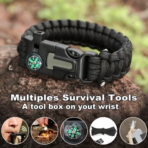 Miniatura 4 de Pulseras Oadnfa, pulseras de supervivencia para hombres, kit de equipo táctico de paracord de 5 en 1 para acampar, con cuerda de paracaídas Negro