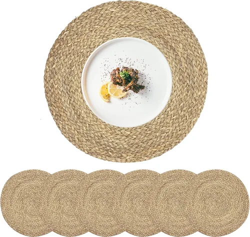 Miniatura 16 de Juego de 6 manteles individuales redondos tejidos con 6 posavasos, manteles individuales de jacinto de agua natural, manteles individuales de ratán