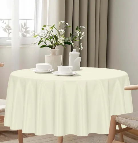 Miniatura 6 de HEIPINIUYE - Paquete de 2 manteles redondos de 84 pulgadas de plástico beige, manteles de mesa impermeables desechables para redondas, ideales