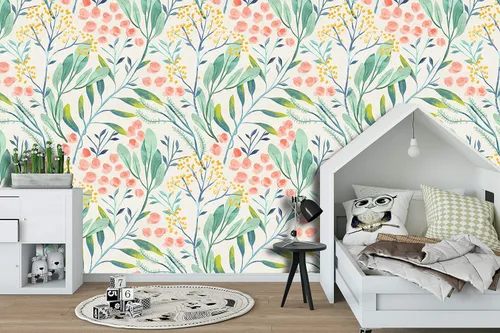 Miniatura 2 de Papel tapiz removible para despegar y pegar, mural de pared autoadhesivo, patrón floral de acuarela, decoración de habitación del bebé • Hojas