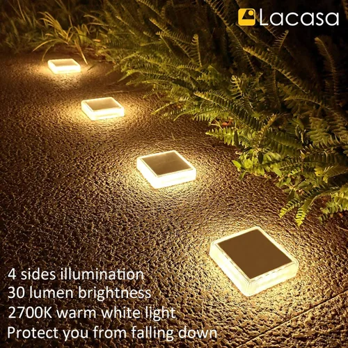 Miniatura 5 de Lacasa – Luces de terraza solares, paquete de 4 luces LED de 30LM para muelle, blanco cálido 2700K, luces de escalones exteriores alimentadas por